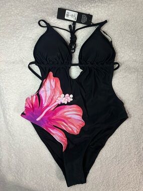Fashion Nova Black One-Piece Swimsuit with Pink Floral Print